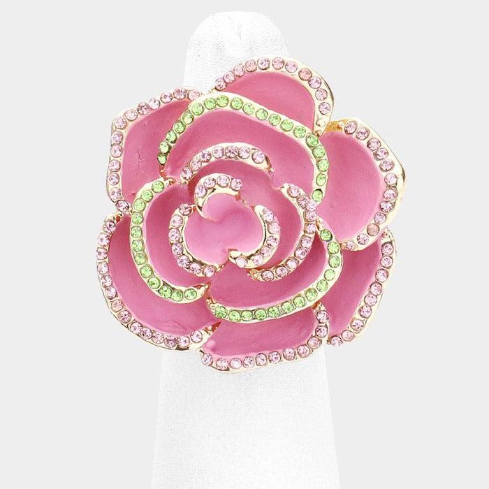 Enamel Rose Pink & Green Flower Stretch Ring