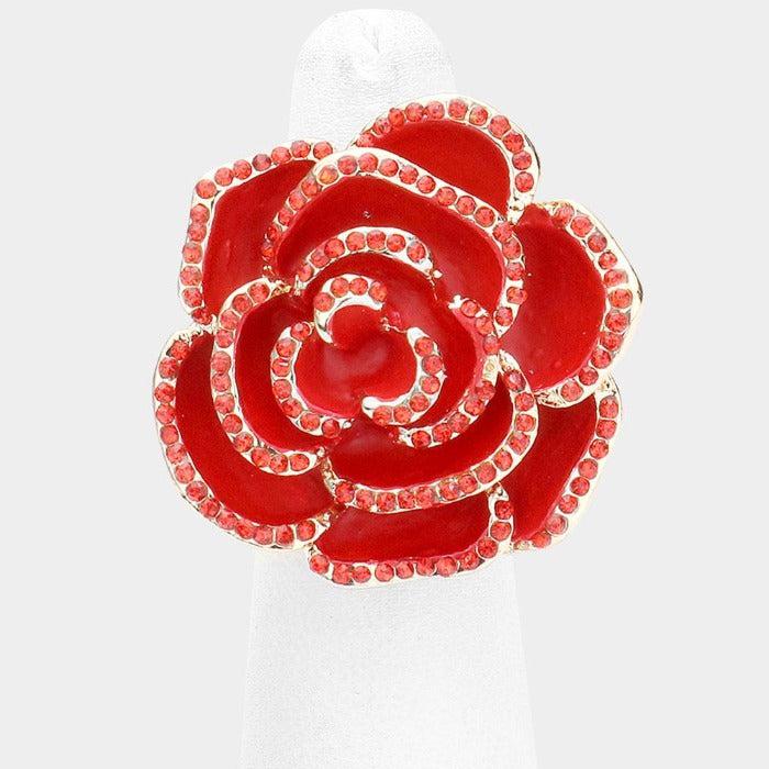 Enamel Rose Red Flower Stretch Ring