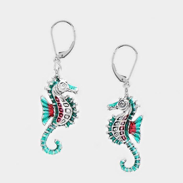 Enamel Sea Horse Drop Earrings-Earring-SPARKLE ARMAND