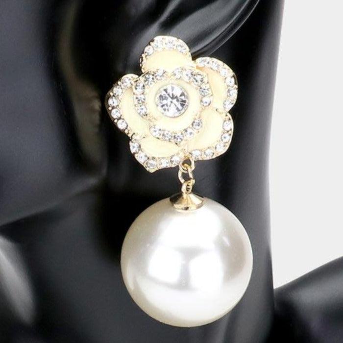 Enamel White Camellia Flower Pearl Gold Earrings by Lu Lu La La