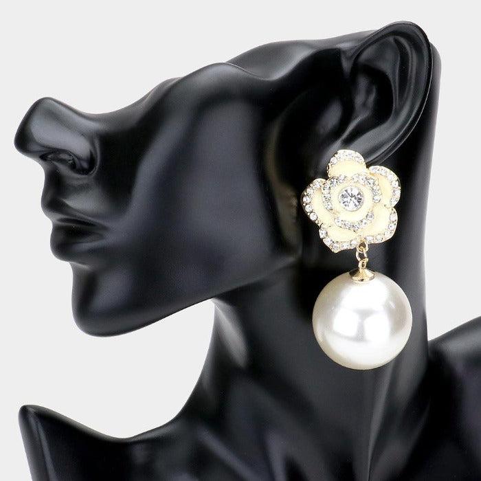 Enamel White Camellia Flower Pearl Gold Earrings by Lu Lu La La