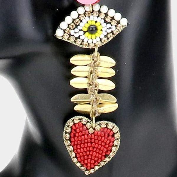 Evil Eye Accented Heart Link Earrings-Earring-SPARKLE ARMAND