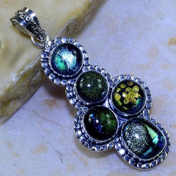 FANCY DICHROIC GLASS .925 SILVER PLATED PENDANT 3 1/4" + 20" CORD NECKLACE-Pendant-SPARKLE ARMAND
