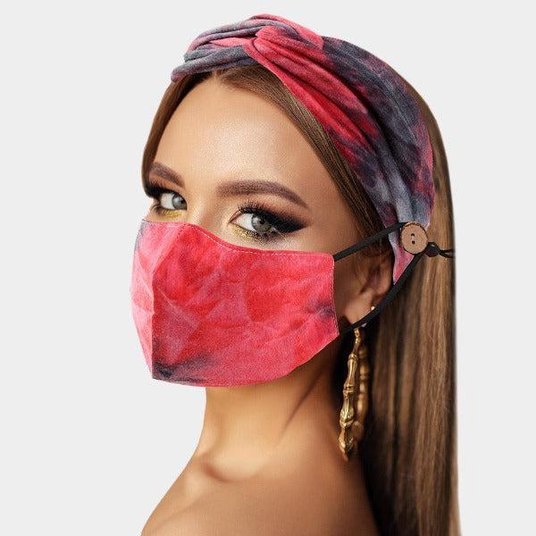 Face Mask & Matching Headband Red Tie Dye 2 Piece Set