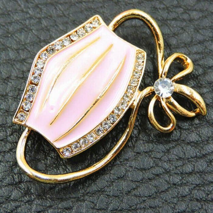 Face Mask Pink Enamel Rhinestone Brooch Pin