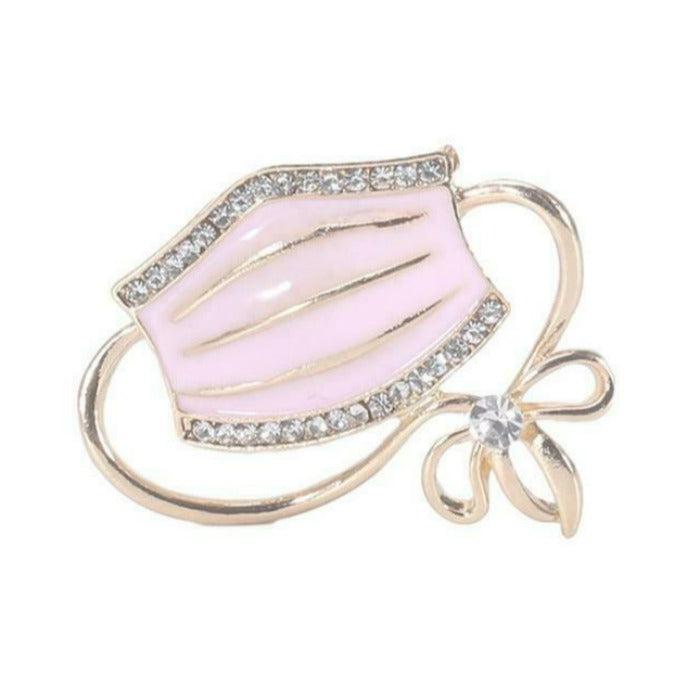 Face Mask Pink Enamel Rhinestone Brooch Pin