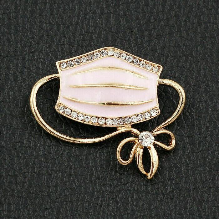 Face Mask Pink Enamel Rhinestone Brooch Pin