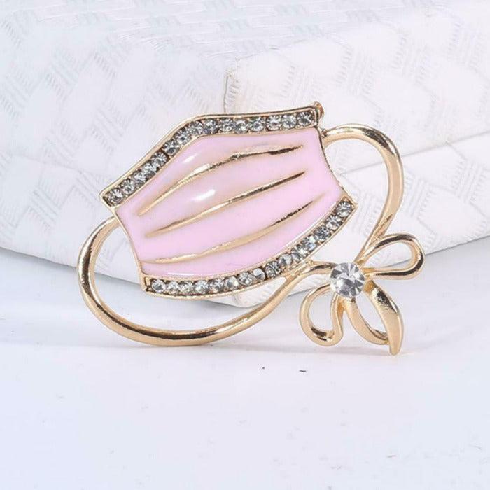 Face Mask Pink Enamel Rhinestone Brooch Pin