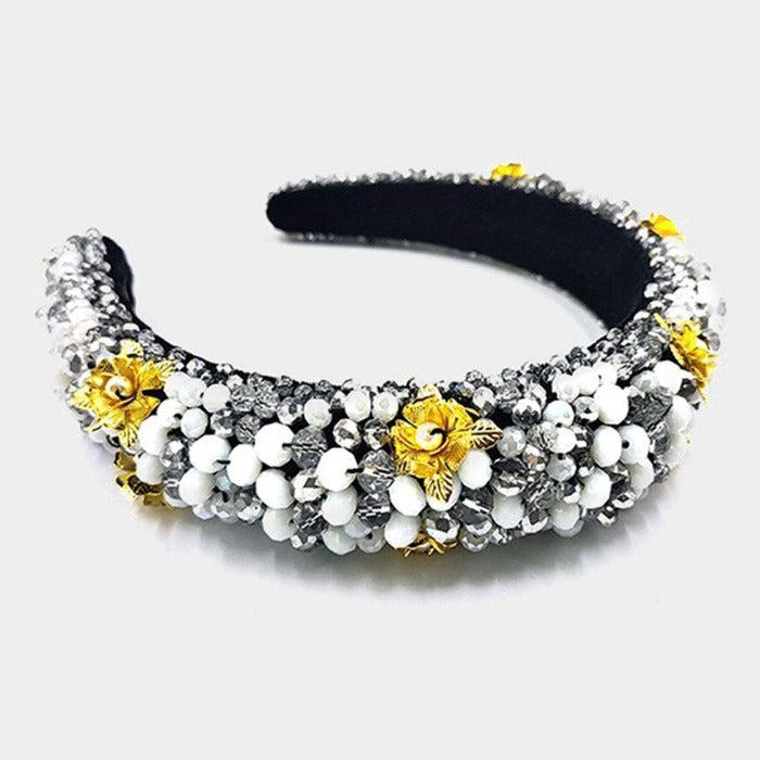 Faceted Beaded Flower Detail Headband-Hair Accessories-SPARKLE ARMAND