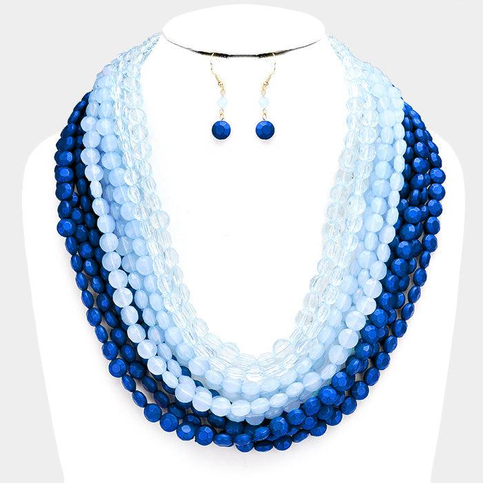 Faceted Blue Round Lucite Beaded Necklace Set