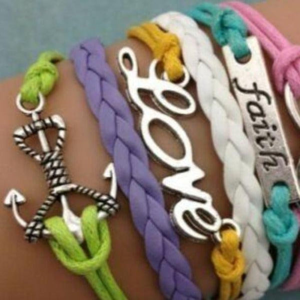 Faith, Anchor, Infinity, Love, Multi-Color Silver Friendship Bracelet