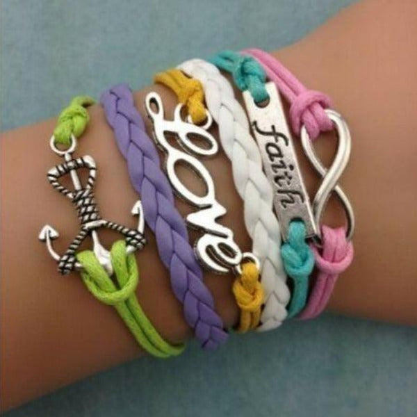 Faith, Anchor, Infinity, Love, Multi-Color Silver Friendship Bracelet