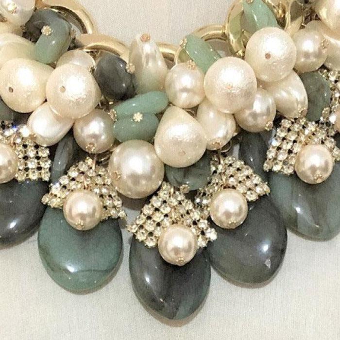 Green Stone Pearl (faux) Cluster Statement Necklace SetFaux Jade & Pearl (faux) Cluster Statement Necklace Set