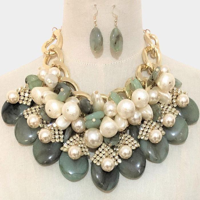 Green Stone Pearl (faux) Cluster Statement Necklace SetFaux Jade & Pearl (faux) Cluster Statement Necklace Set