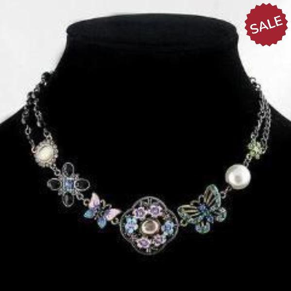 Faux Pearl, Flower, Butterfly Multi-Color Enamel Black Bead Necklace-Necklace-SPARKLE ARMAND