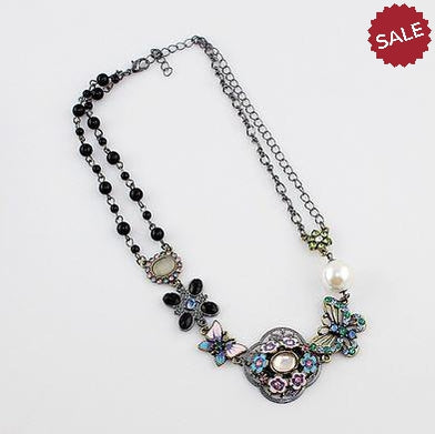 Faux Pearl, Flower, Butterfly Multi-Color Enamel Black Bead Necklace-Necklace-SPARKLE ARMAND