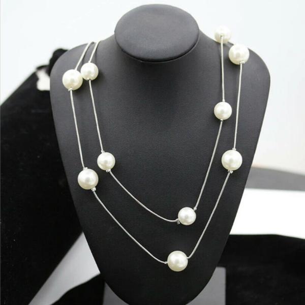 Faux Pearl Multi-layer Long Silver Necklace-Necklace-SPARKLE ARMAND