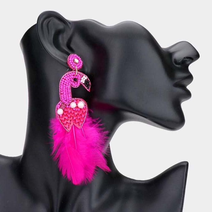 Feather Flamingo Felt Back Seed Beaded Dangle Earrings