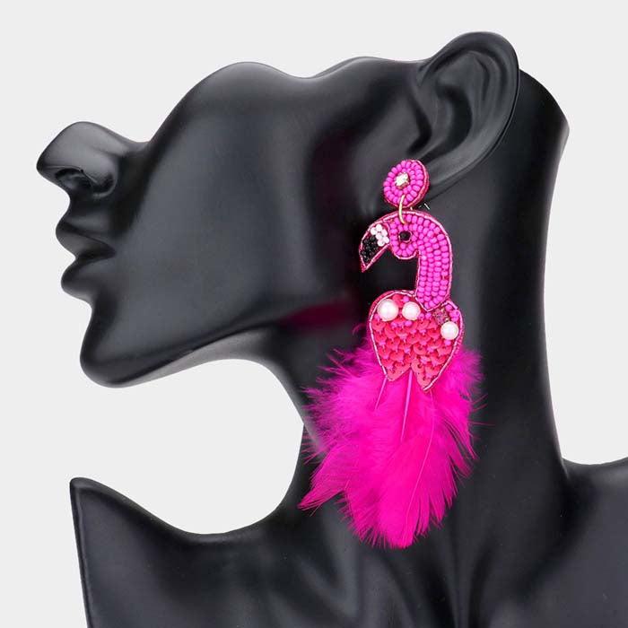 Feather Flamingo Felt Back Seed Beaded Dangle Earrings