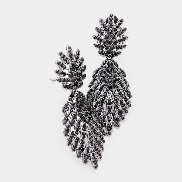 Feather Pave Black Crystal Clip On Earrings