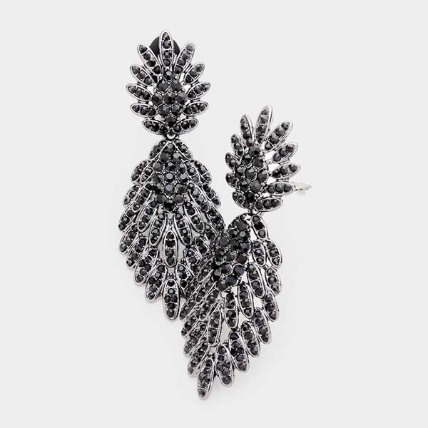 Feather Pave Black Crystal Clip On Earrings