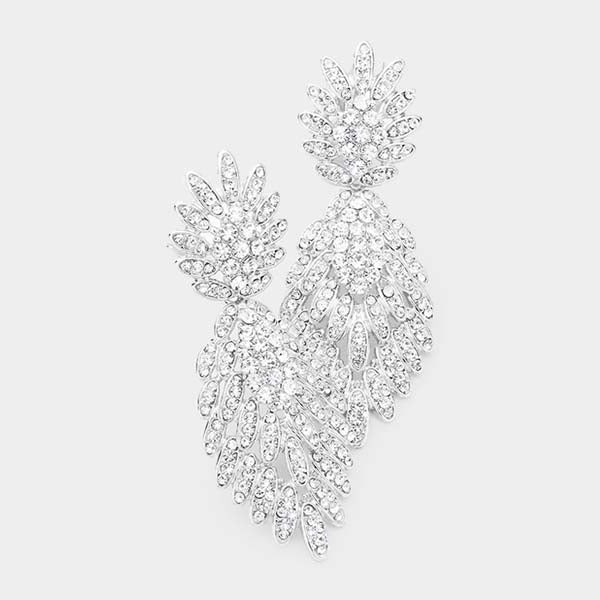 Feather Pave Clear Crystal Silver Clip On Earrings