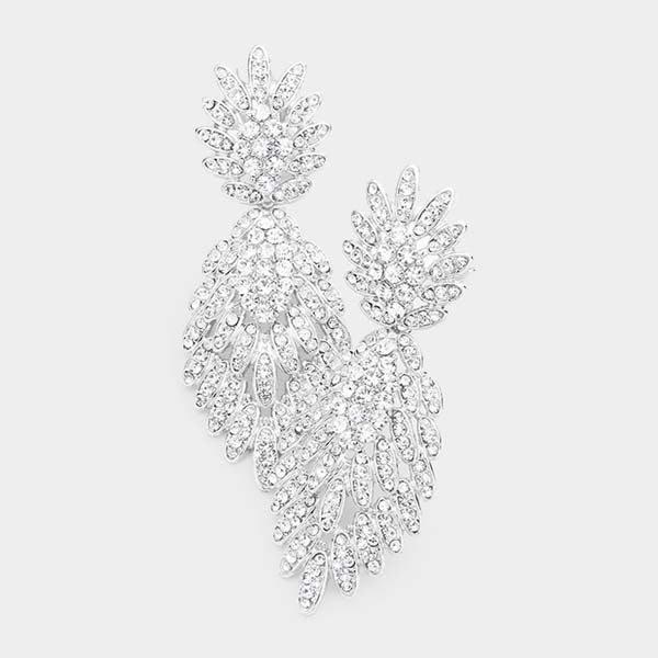 Feather Pave Clear Crystal Silver Clip On Earrings