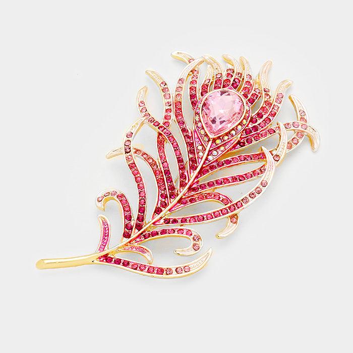 Feather Teardrop Pink Crystal Brooch