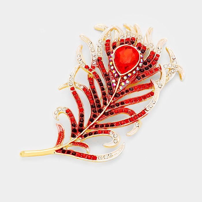Feather Teardrop Red Crystal Brooch by Sparkle Armand