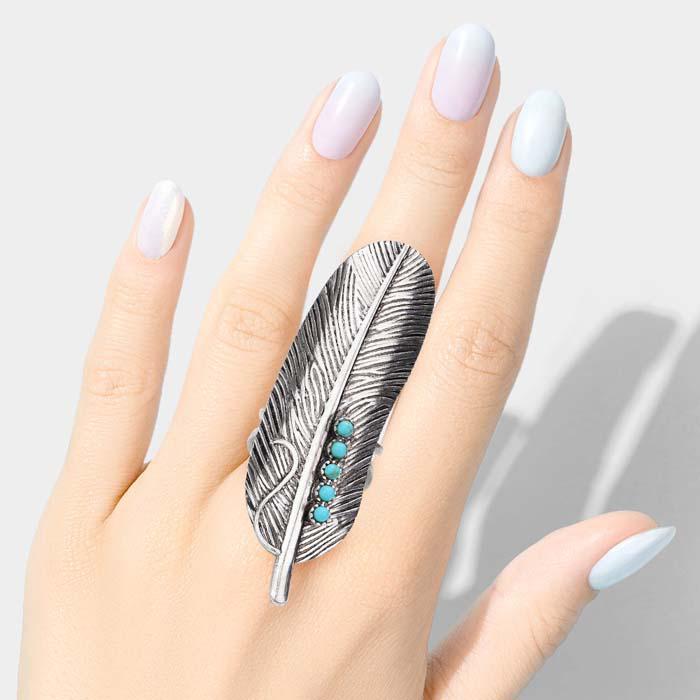 Feather Turquoise Embellished Metal Ring