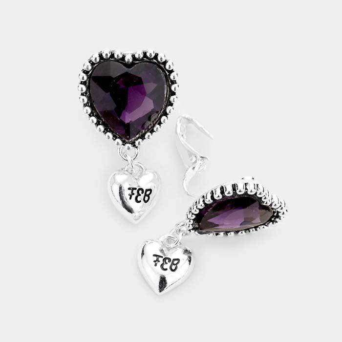 February _ Birthstone Heart Dangle Clip On Earrings