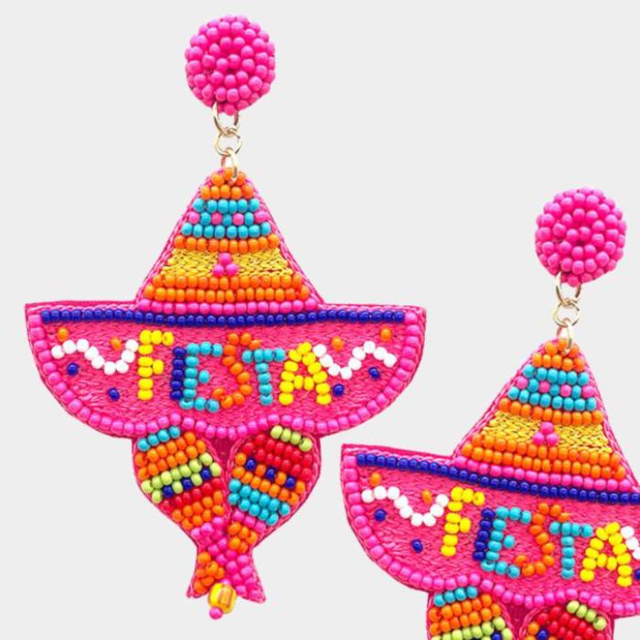 Fiesta Sombrero Cactus Pink Seed Beaded Earrings