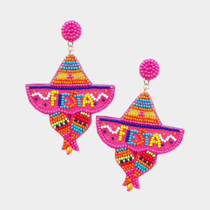 Fiesta Sombrero Cactus Pink Seed Beaded Earrings