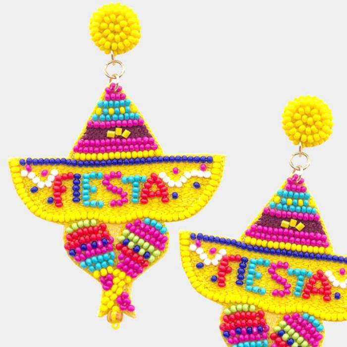 Fiesta Sombrero Yellow Seed Beaded Earrings