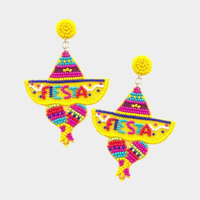 Fiesta Sombrero Yellow Seed Beaded Earrings
