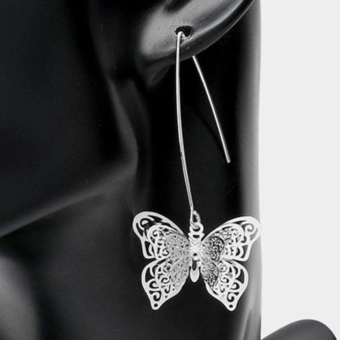 Filigree Metal Butterfly Long Fish Hook Earrings-Earring-SPARKLE ARMAND