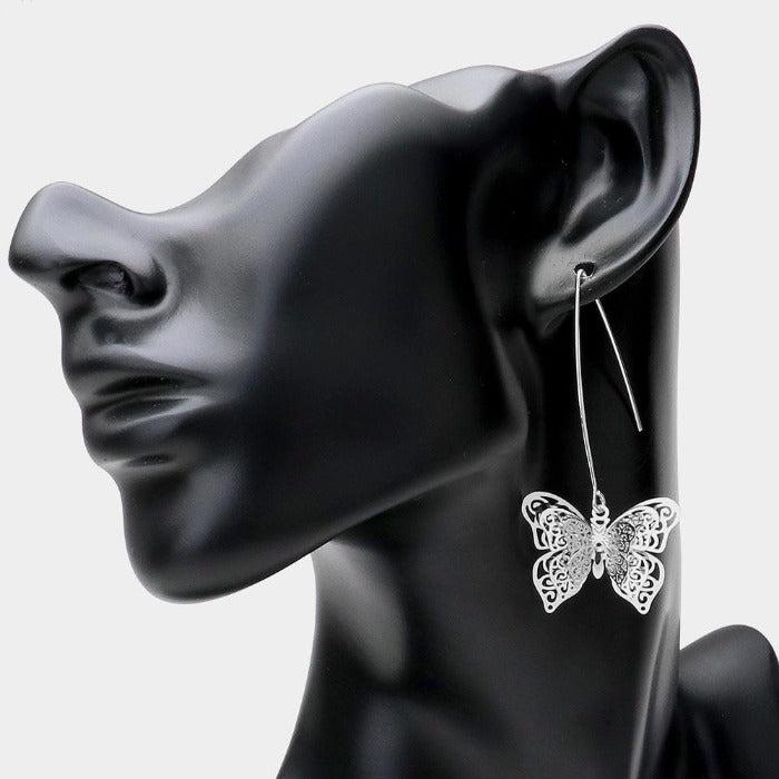Filigree Metal Butterfly Long Fish Hook Earrings-Earring-SPARKLE ARMAND