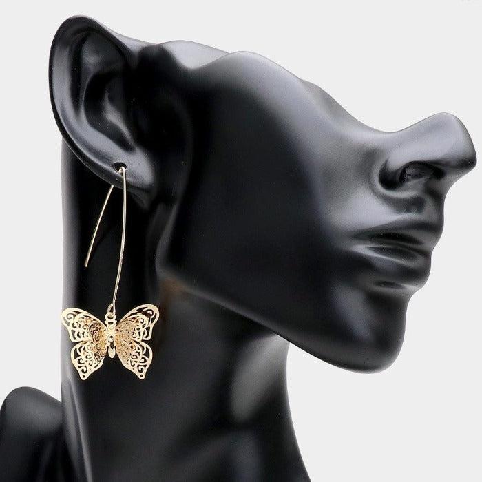 Filigree Metal Butterfly Long Fish Hook Earrings-Earring-SPARKLE ARMAND