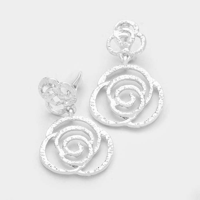 Filigreed Rose Silver Tone Metal Clip on Earrings
