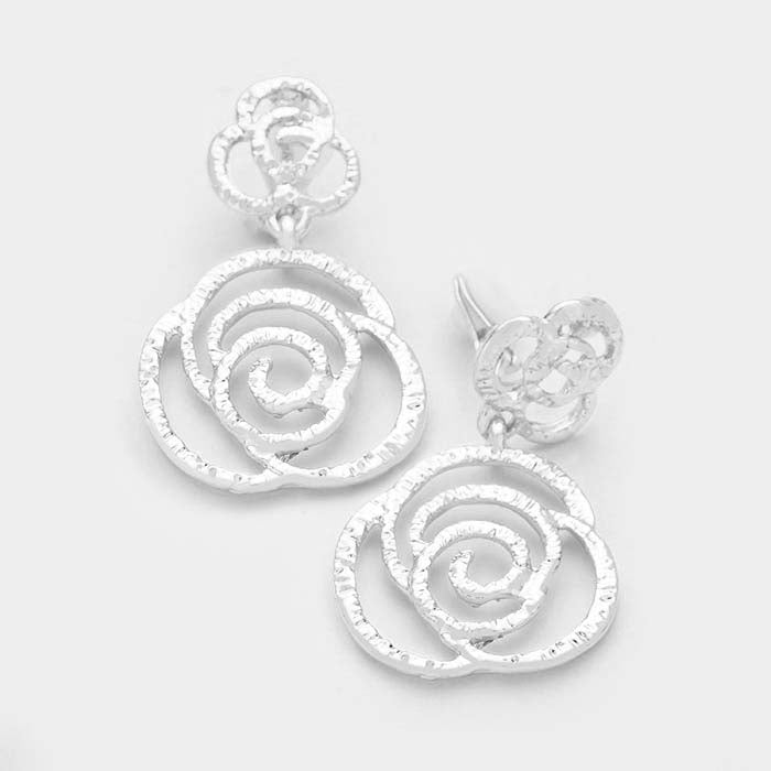 Filigreed Rose Silver Tone Metal Clip on Earrings