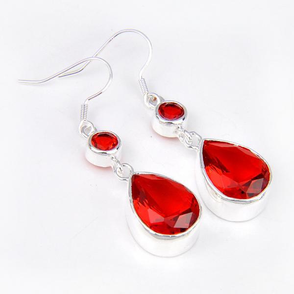 Fire Red Garnet Silver Plated Dangle Earrings 2"-Earring-SPARKLE ARMAND