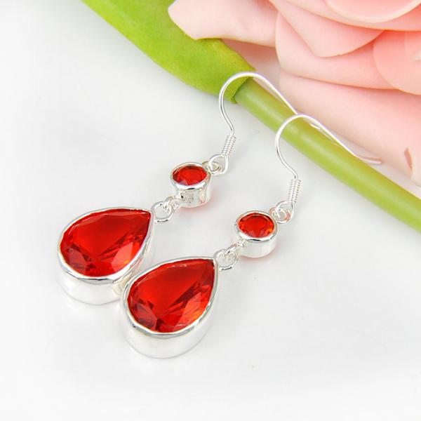 Fire Red Garnet Silver Plated Dangle Earrings 2"-Earring-SPARKLE ARMAND