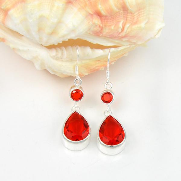Fire Red Garnet Silver Plated Dangle Earrings 2"-Earring-SPARKLE ARMAND