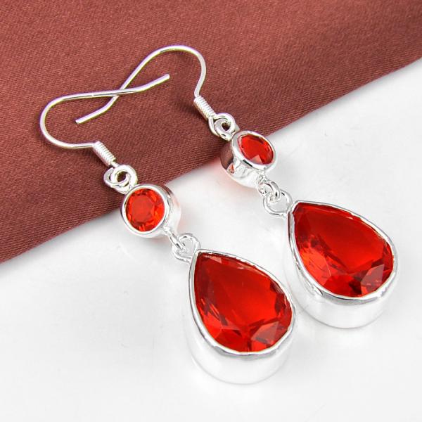 Fire Red Garnet Silver Plated Dangle Earrings 2"-Earring-SPARKLE ARMAND