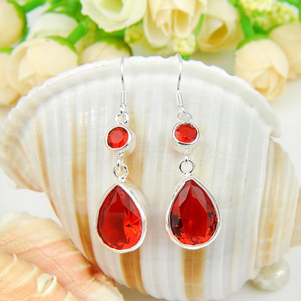 Fire Red Garnet Silver Plated Dangle Earrings 2"-Earring-SPARKLE ARMAND