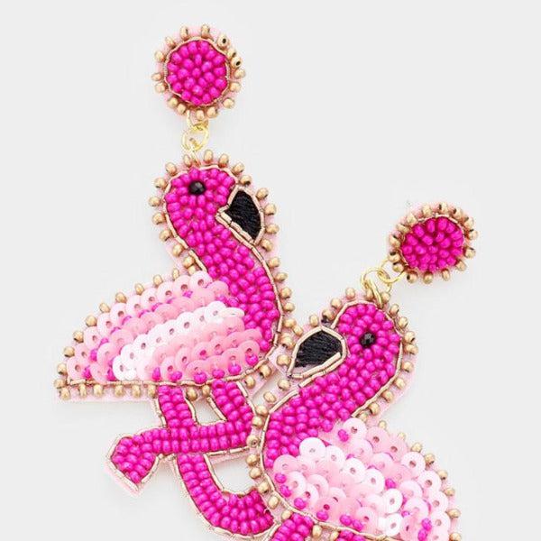 Flamingo Pink Seed Beaded Felt Back Dangle Earrings