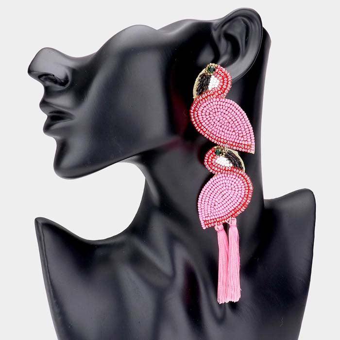 Flamingo Pink Seed Beaded Tassel Dangle Earrings Sparkle Armand