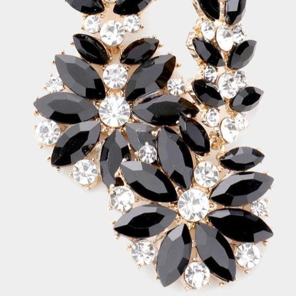 Floral Black Round Marquise Stone Earrings-Earring-SPARKLE ARMAND