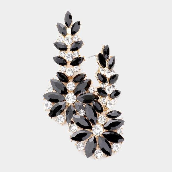 Floral Black Round Marquise Stone Earrings-Earring-SPARKLE ARMAND