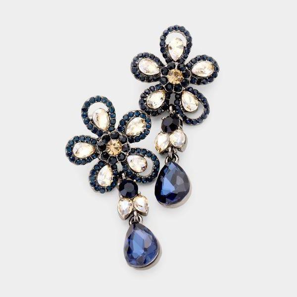 Floral Blue Crystal Teardrop Earrings-Earring-SPARKLE ARMAND